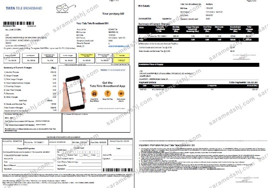 India Tata Tele Broadband utility bill template in Word and PDF formats, 2 pages